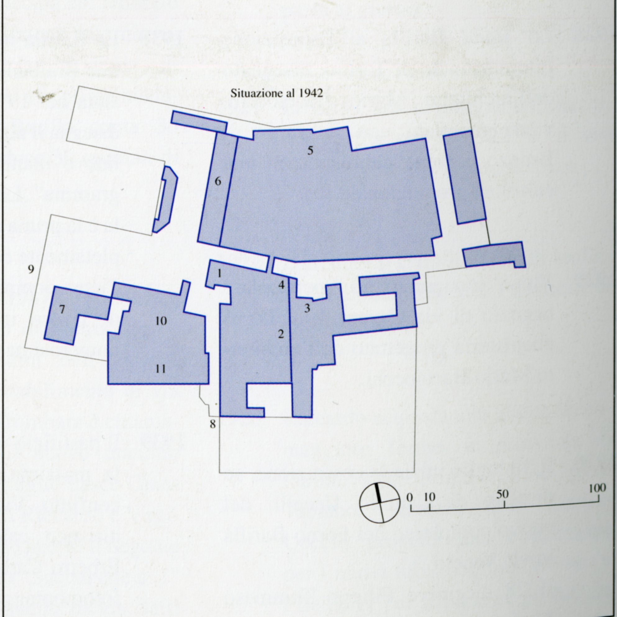 Schema planimetrico con l’estensione degli edifici del comparto Barilla al 1942: 1) Palazzina per uffici e abitazione, 1908; 2) Pastificio, 1911; 3) Chiesa di Sant’Antonio, eretta nel 1903; 4) Ampliamento del Pastificio, architetto Camillo Uccelli, 1922; 5) Nuovi forni, architetto Camillo Uccelli, 1923; 6) Panificio, architetto Camillo Uccelli, 1930; 7) Edificio per uffici e abitazione, architetto Karl Elsässer, 1933; 8) Ingresso su via Padre Lino (poi Marco Dall’Arpa), in uso fino al 1942; 9) Ingresso su viale Veneto, in uso dopo il 1942; 10) “Mulino”, 1929; 11) Ampliamento del Pastificio e silos per le semole, 1942.