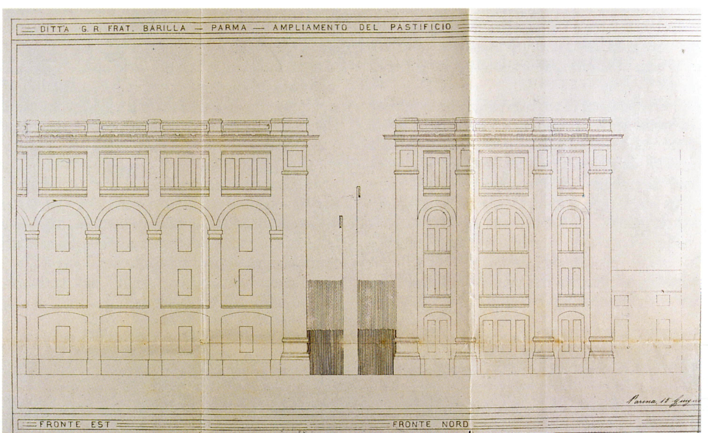 Camillo Uccelli, Ampliamento del Pastificio, 1922: prospetti Est e Nord [ASCPR, Licenze di fabbrica, 1922/172].