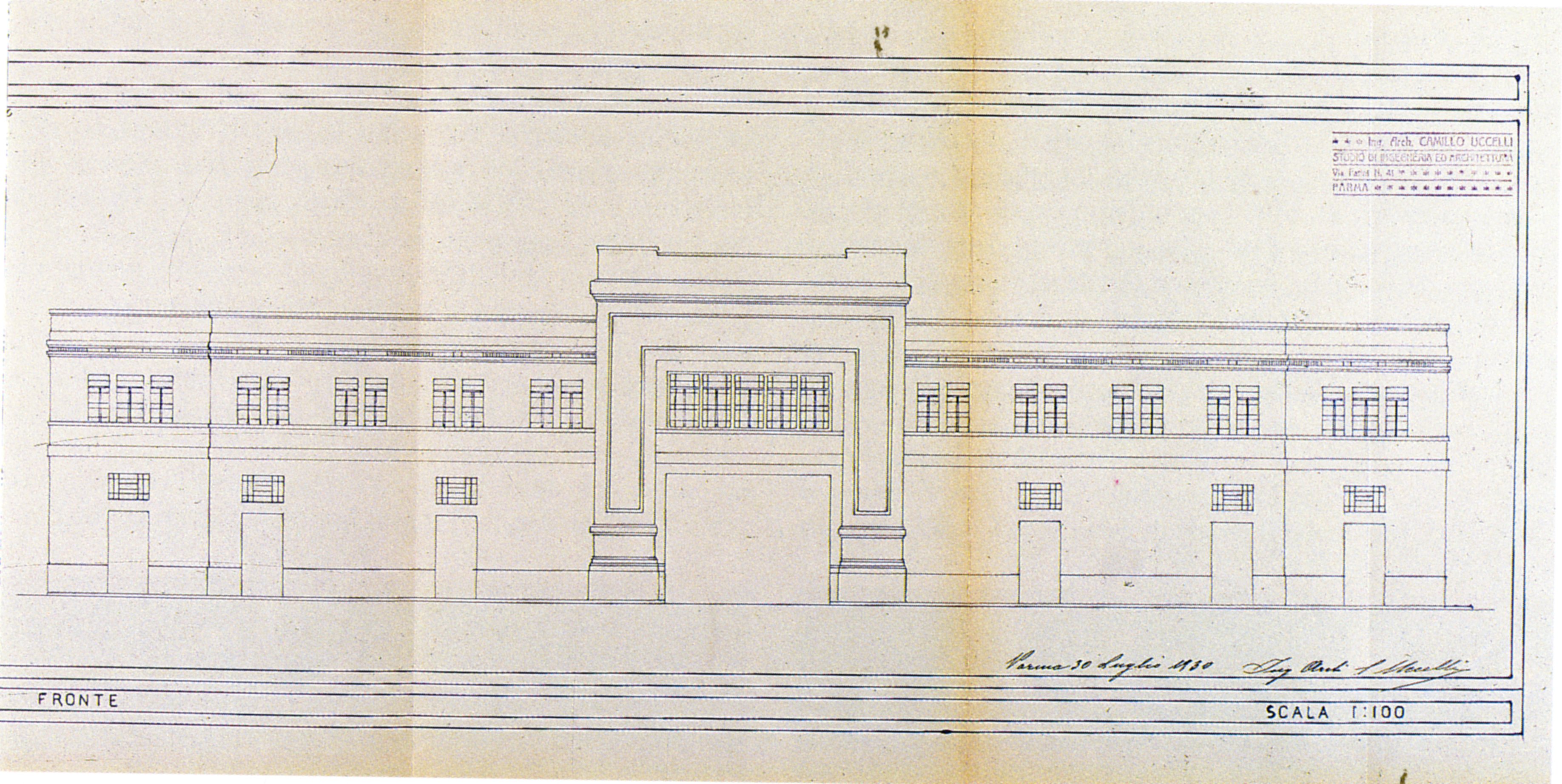 Camillo Uccelli, Progetto per il Panificio, 1930: prospetto Ovest [ASCPR, Licenze di fabbrica, 1922/293].