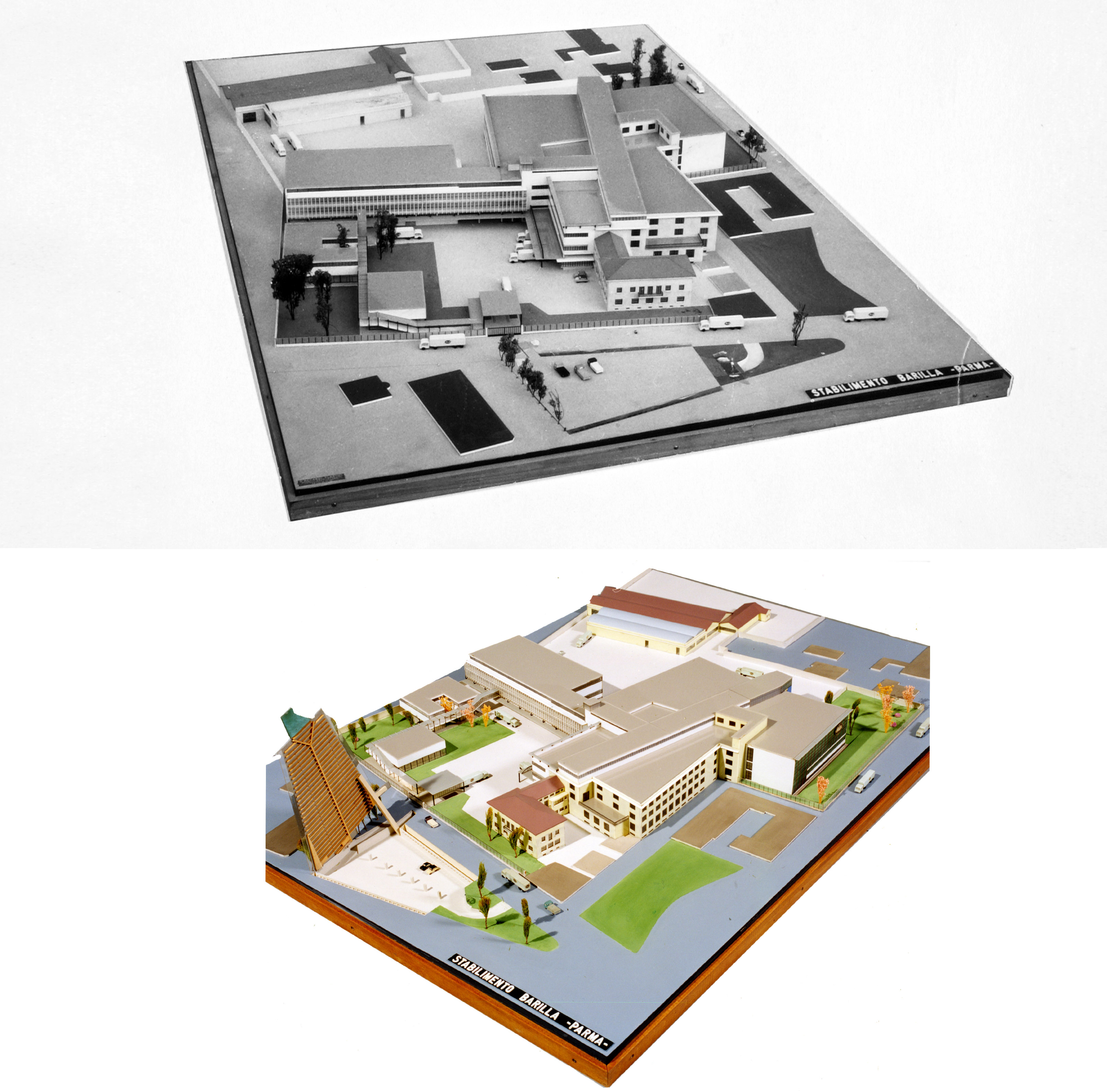 The project of the architect Gian Luigi Giordani for the Barilla plant in Barriera Vittorio Veneto dominates the masses and volumes of the complex and articulate factory buildings. Views of the overall model from North-West and from South-West [ASB, O, Pl