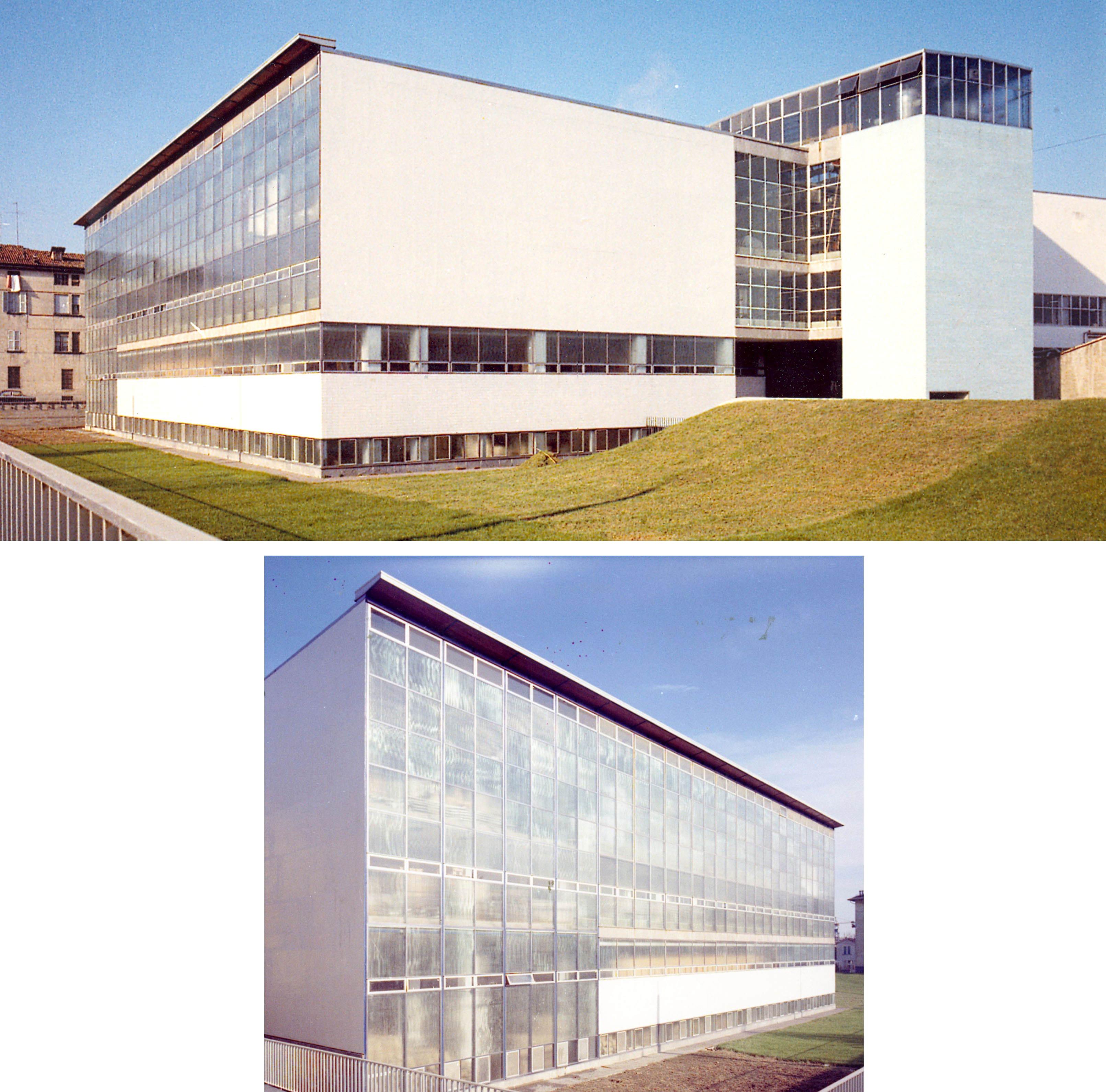 The design of the southern facade of Barilla plant shows unexpected precision in terms of composition, hiding in the corners the weight of the materials that wrap the volumes (glass and white and blue tiles). Two photos by Bruno Vaghi of the newly built p