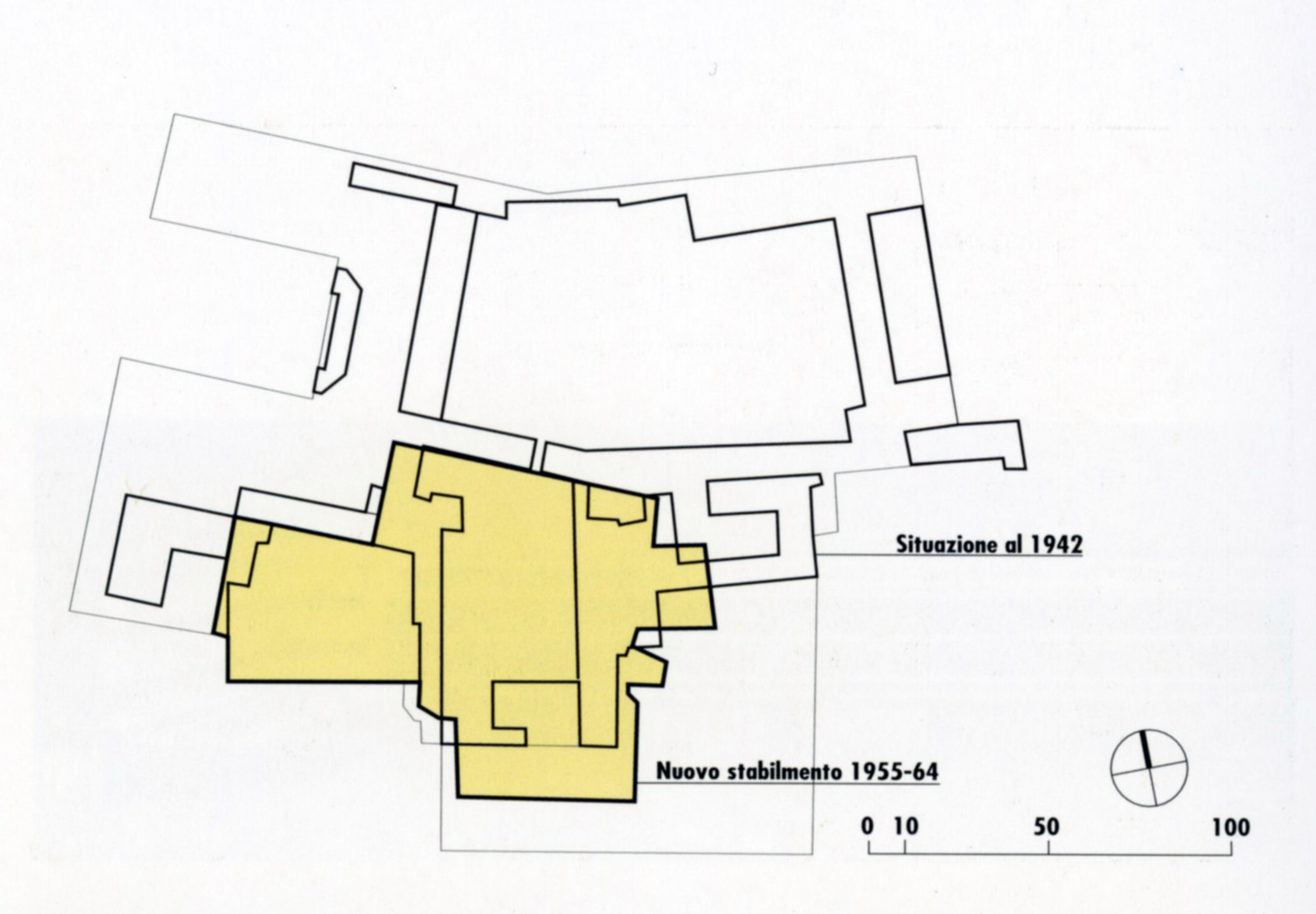 Schema planimetrico con gli edifici preesistenti e con l’intervento degli anni 1955-1964.