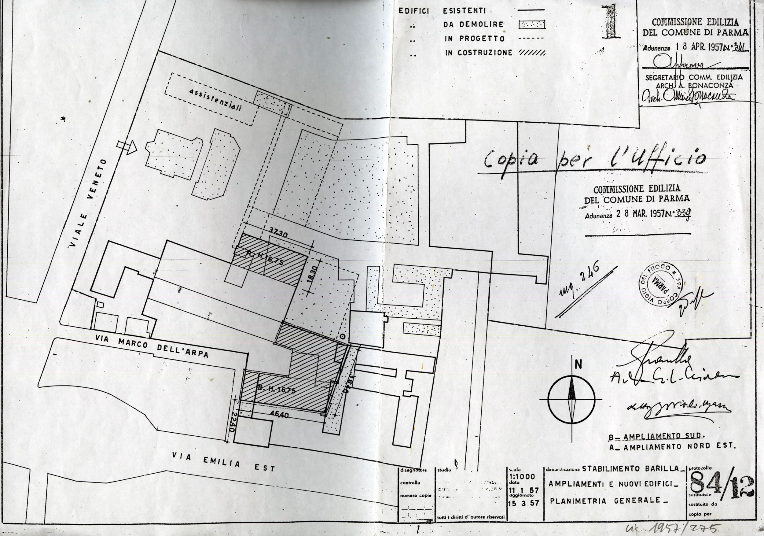 Gian Luigi Giordani, planimetria generale dell’ampliamento dello stabilimento, 1957 [ASCPR, Licenze di fabbrica, n. 275/1957].