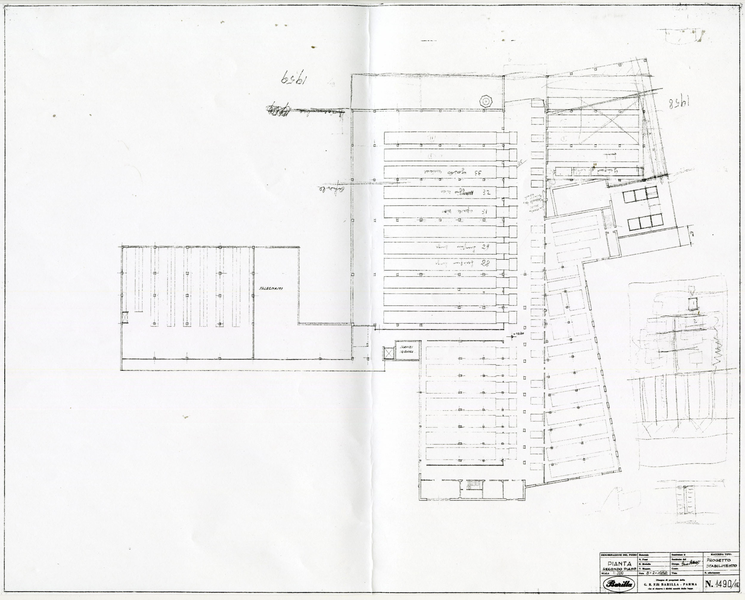 Ufficio tecnico Barilla, pianta del secondo piano dello stabilimento, con la disposizione delle linee di produzione, 1958 [ASB, O, Stabilimenti].