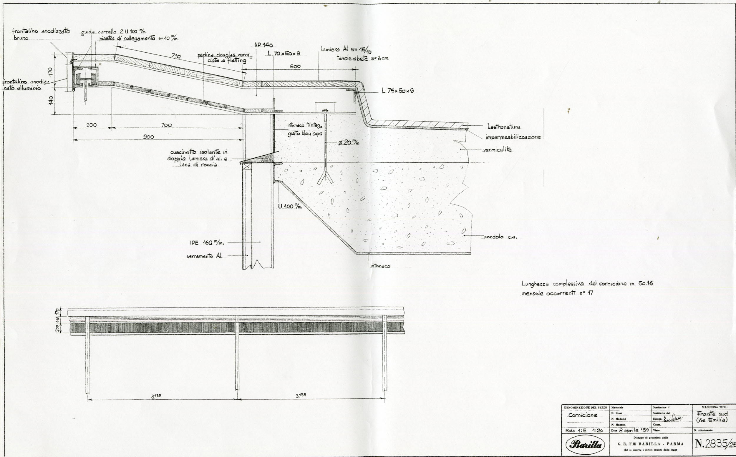 Ufficio tecnico Barilla, dettaglio costruttivo della cornice della facciata sud, 1959 [ASB, O, Stabilimenti].