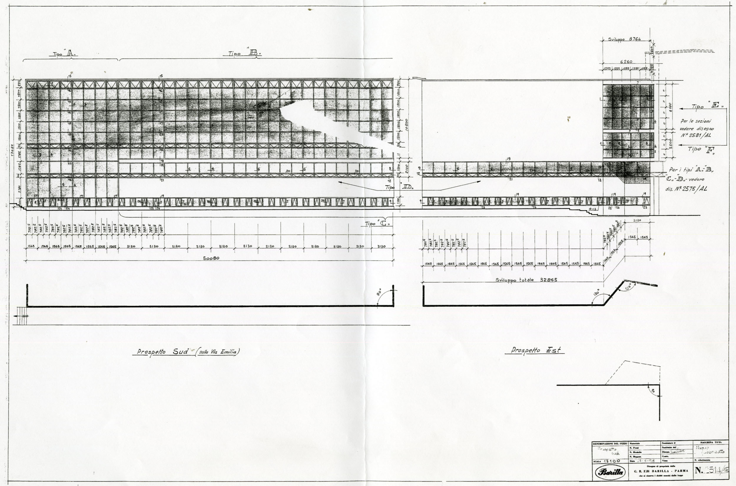 Ufficio tecnico Barilla, partizione dei serramenti delle facciate sud ed est, 1959 [ASB, O, Stabilimenti].