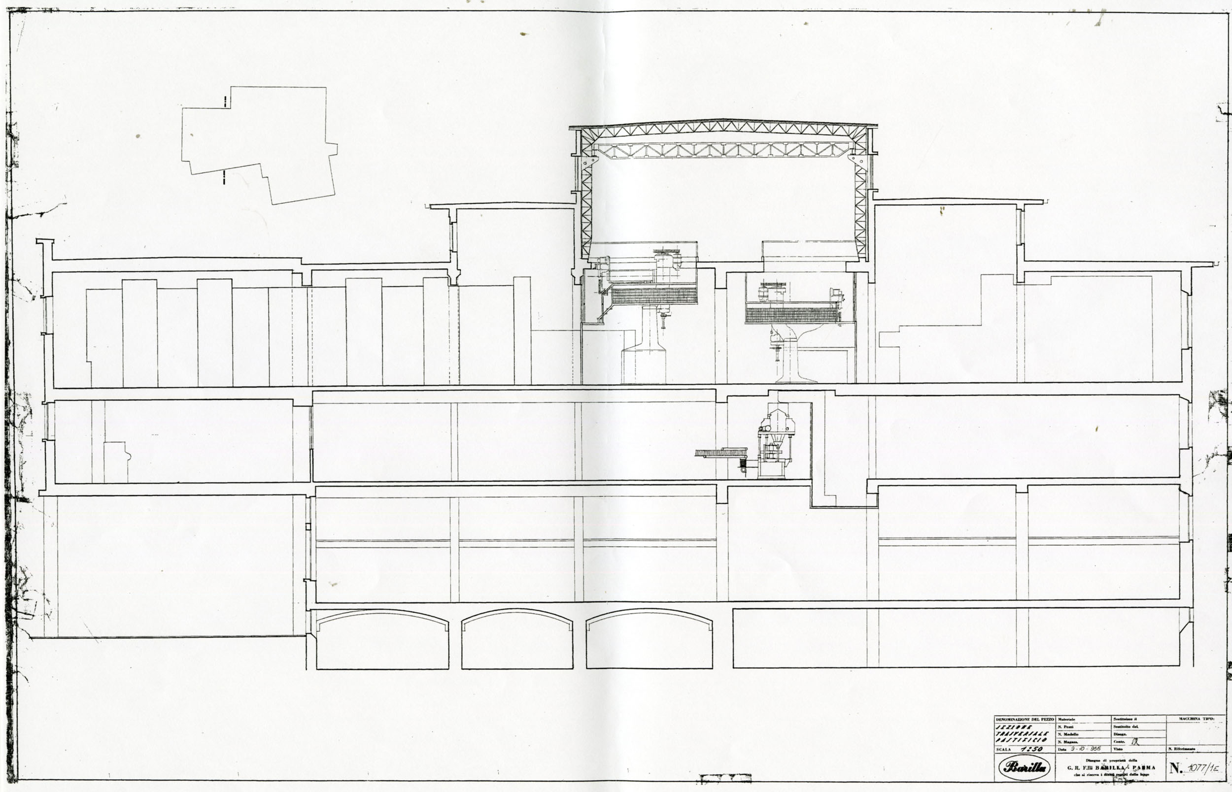 Ufficio tecnico Barilla, sezione trasversale dello stabilimento, con il disegno delle presse continue al secondo piano, nella navata a doppia altezza [ASB, O, Stabilimenti].