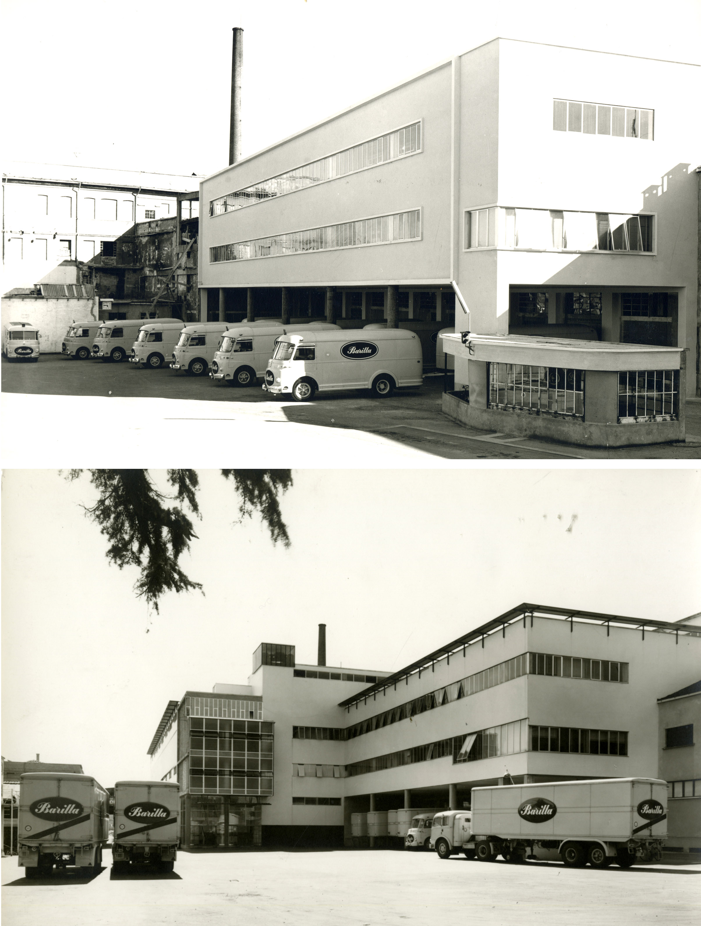 Due viste del cortile interno a nord-ovest, nelle diverse fasi di completamento, con, in alto, il progetto di Ugo Vitali Mazza (1955-57), e, in basso, di Gian Luigi Giordani (1957-64) [ASB, O, Stabilimenti, Foto Montacchini]. Si notano le modifiche stilistiche alle finestrature a nastro e i nuovi edifici.