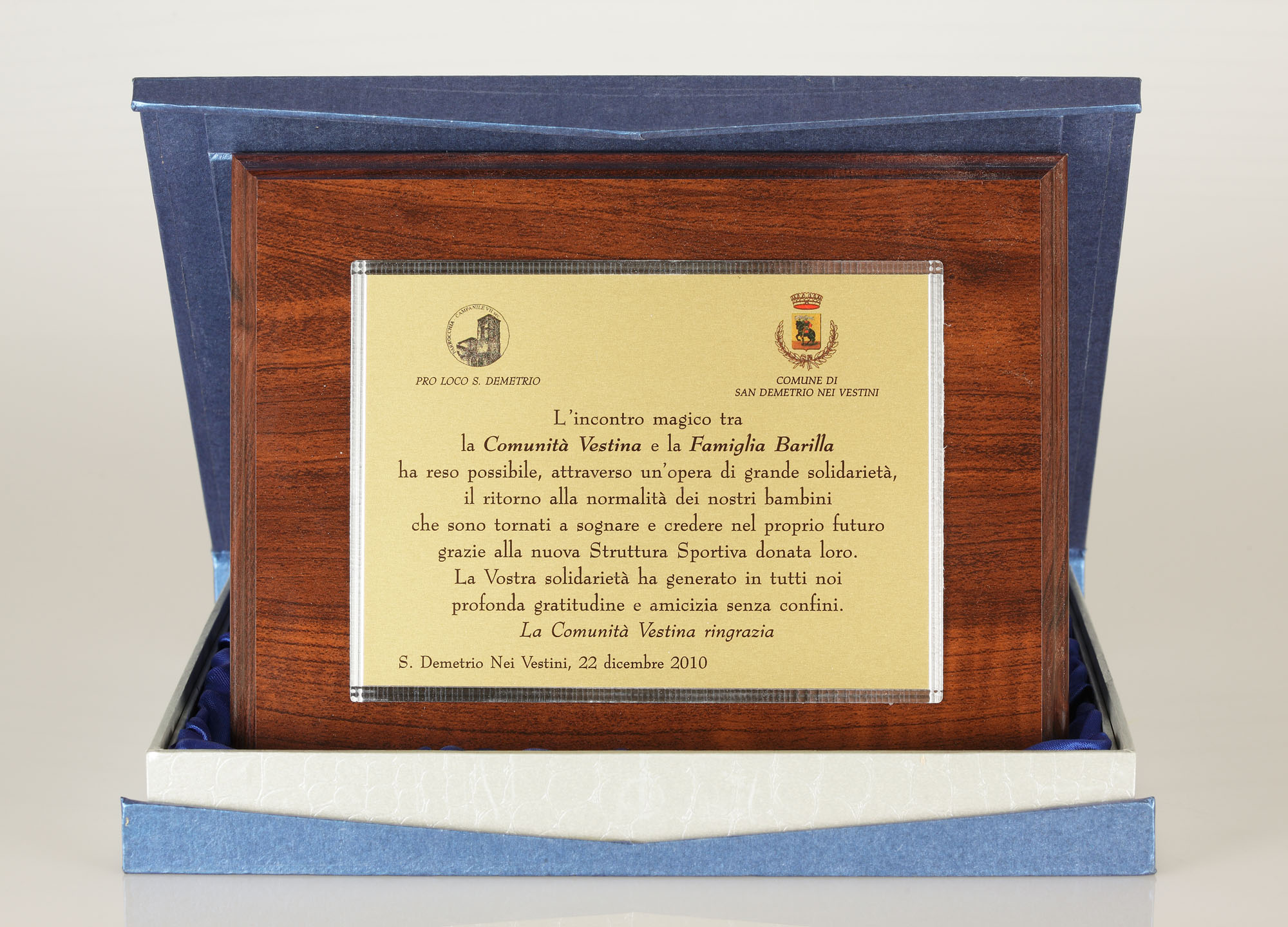 2009 - Plaque of Thanksgiving from San Demetrio de' Vestini for the Barilla family for the donation of the gym