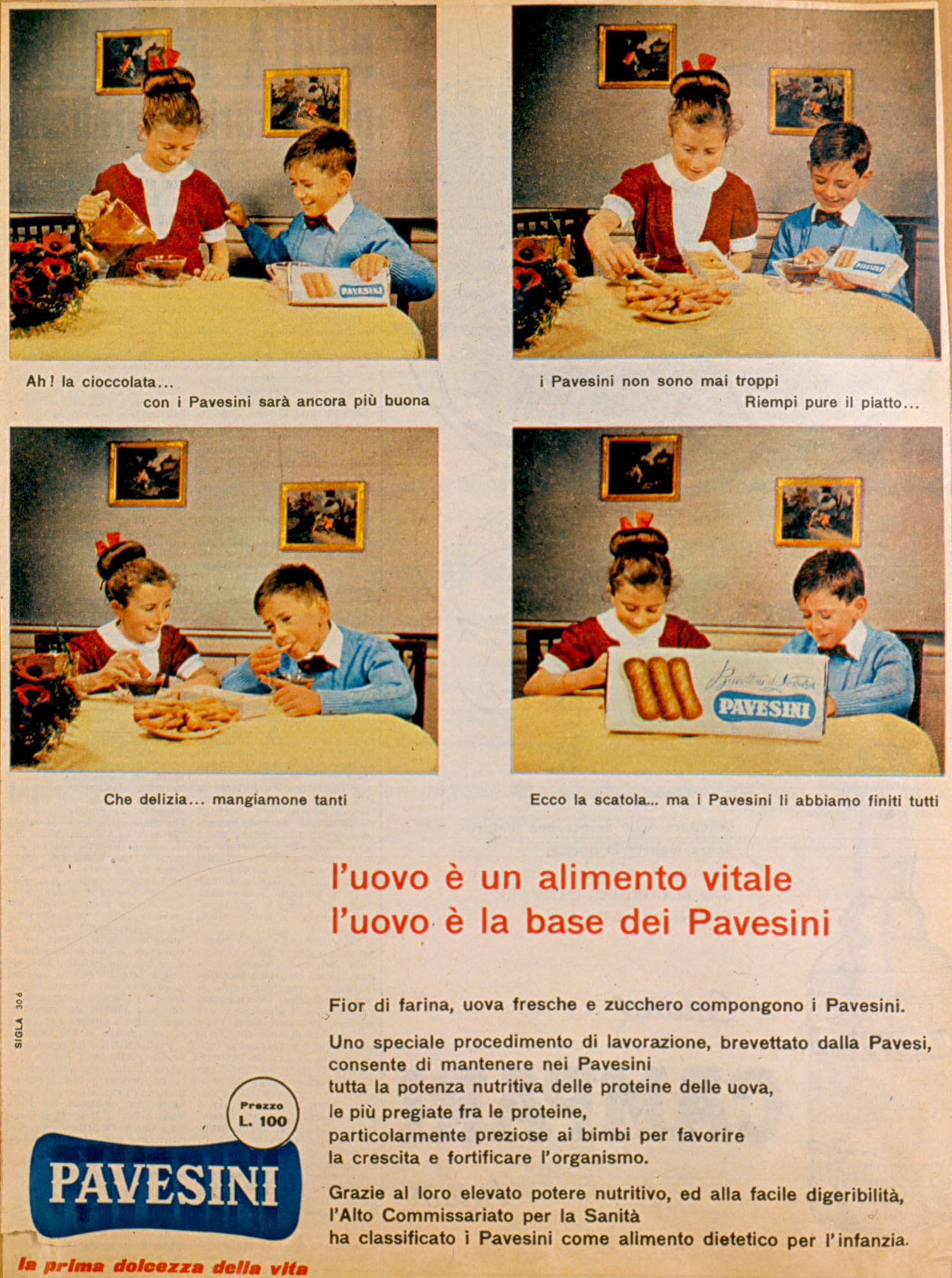 Press advertising - The egg is a vital element. The egg is the base of Pavesini, 1956