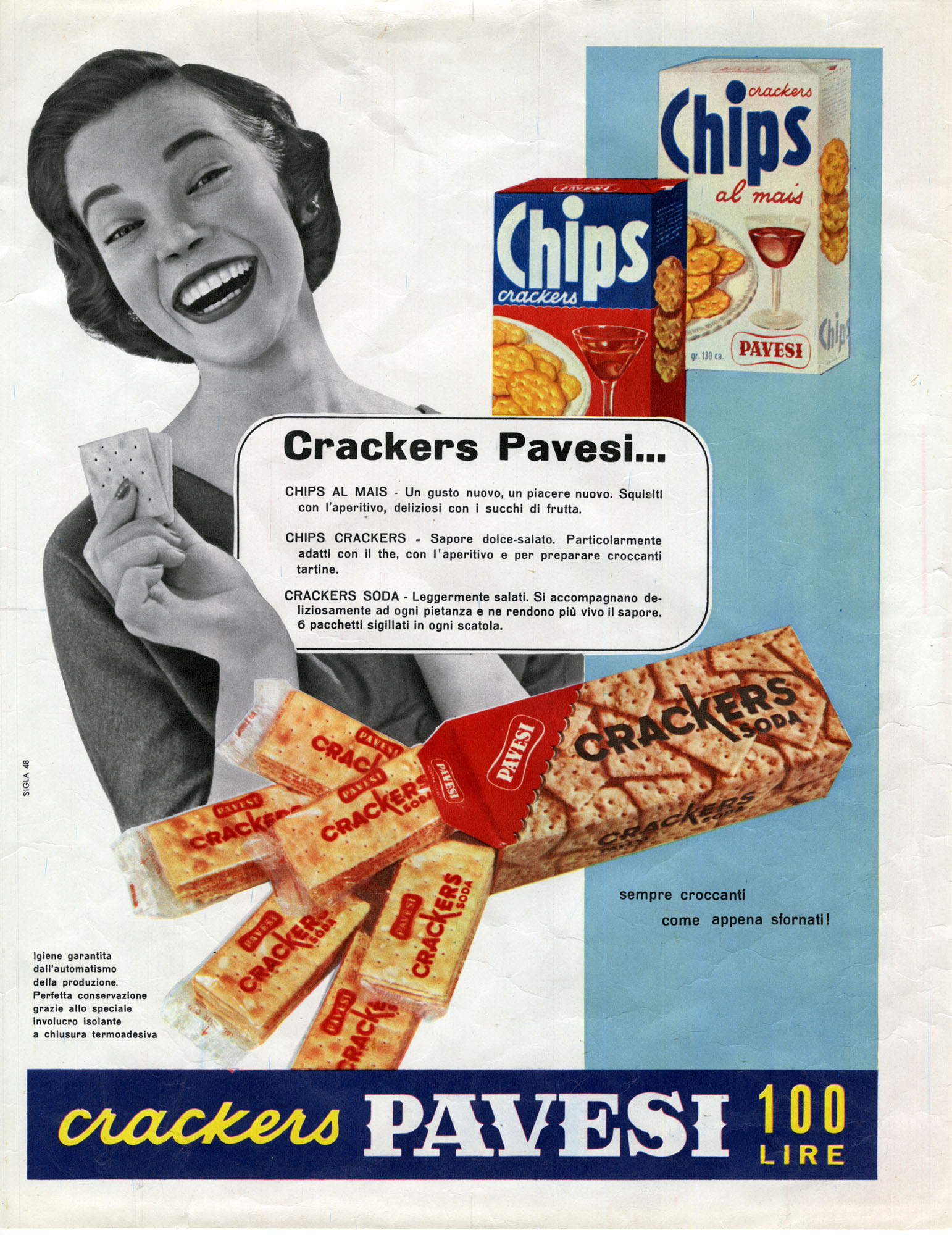 La prima pubblicità dei Crakers Soda e dei Chips Pavesi nel 1955