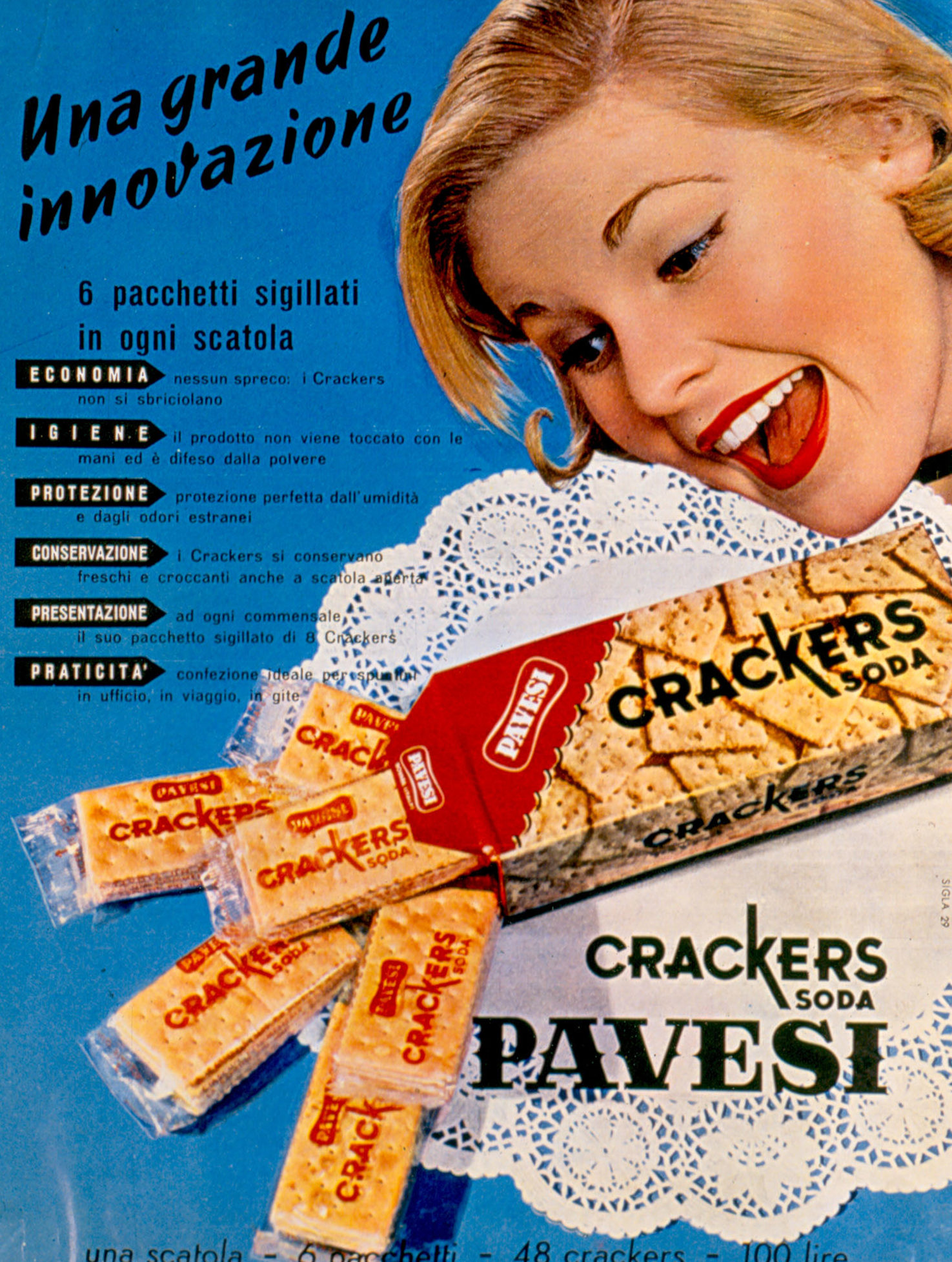 Press advertising Gran Pavesi Crackers, 1957