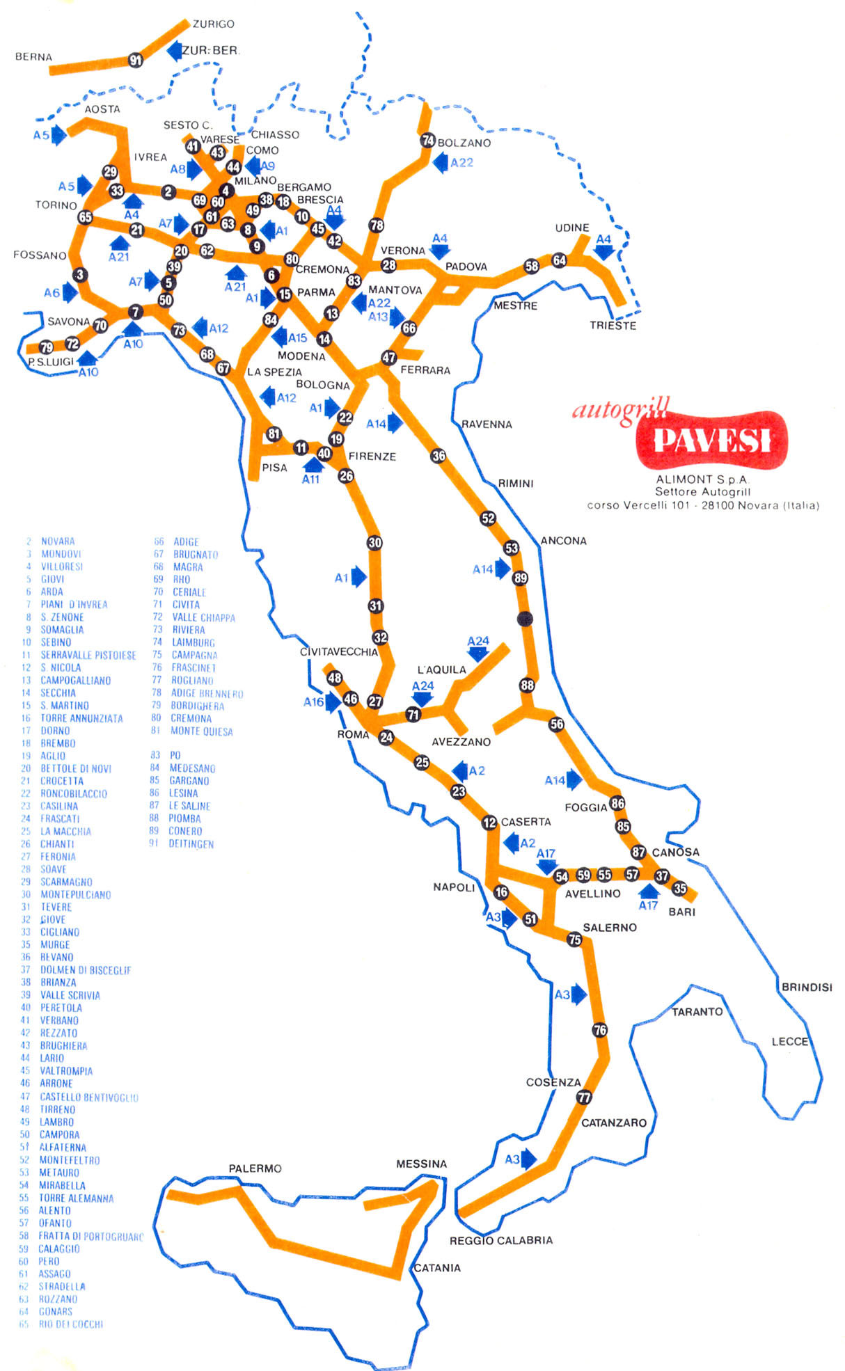 Carta d'Italia con la localizzazione degli Autogrill Pavesi