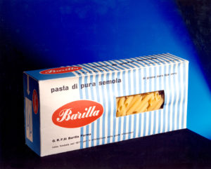 Erberto Carboni, confezione originale per la pasta Barilla, in uso nel 1955, con la finestra che consente la visione del prodotto – [ASB, BAR I Nb 1955].